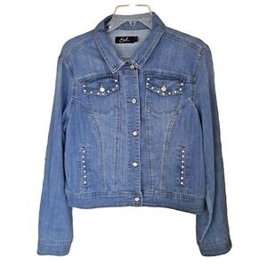 Earl Jeans Denim Jacket Women's Sz M Blingy Buttons Rhinestones Lightwash Blue